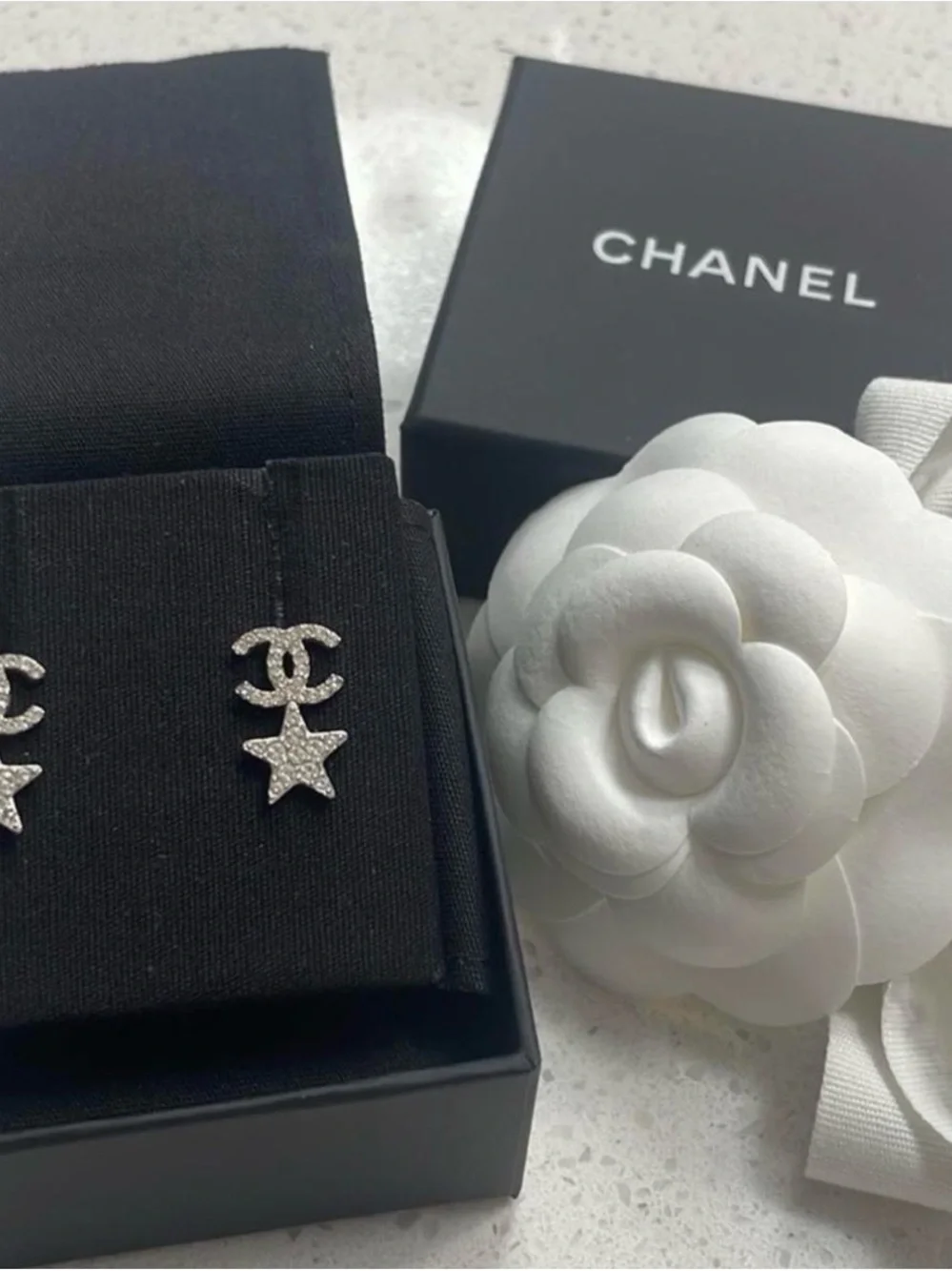 CHANEL Silver Crystal CC Star Drop Earrings ✨
